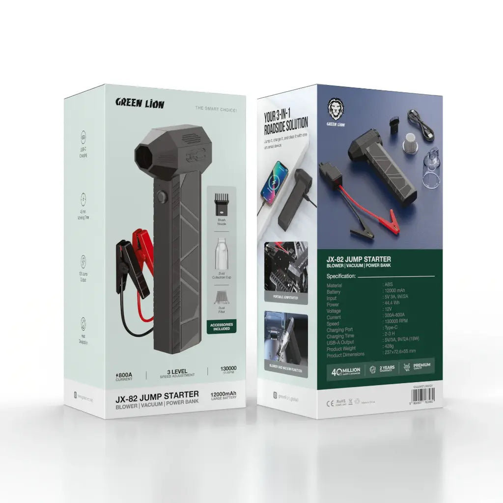 Green Lion JX-82 Jump Starter - Blower, Vacuum, Power Bank 12000mAh