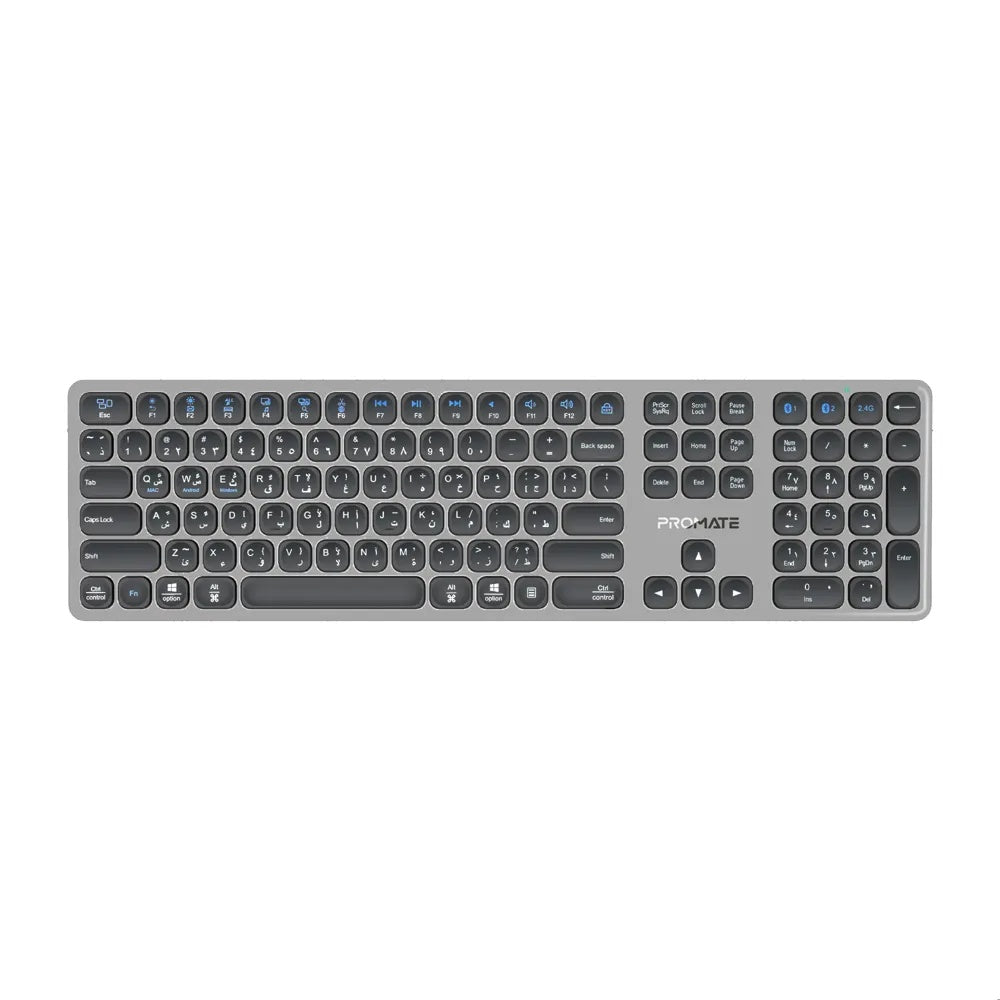 Promate Full-Size Slim Wireless Keyboard With Scissor Keys, Multi-Device Bluetooth 5.1 & 2.4GHz, USB-C Rechargeable, 100-Hour Battery, Compatible With Windows, Mac & Android | ProKeys-X2.EN\AR |