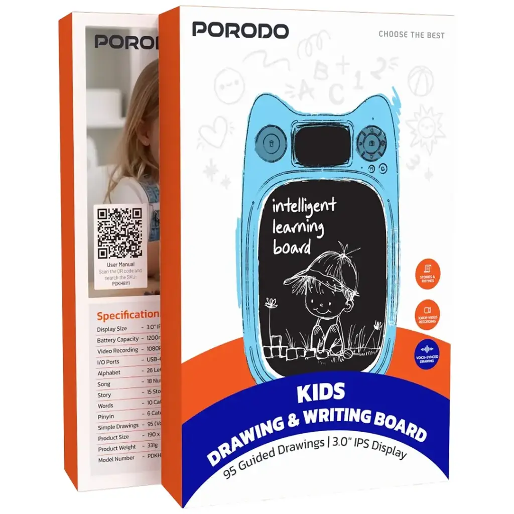 Porodo Kids Drawing & Writing Board 95 Guided Drawings | 3.0" IPS Display