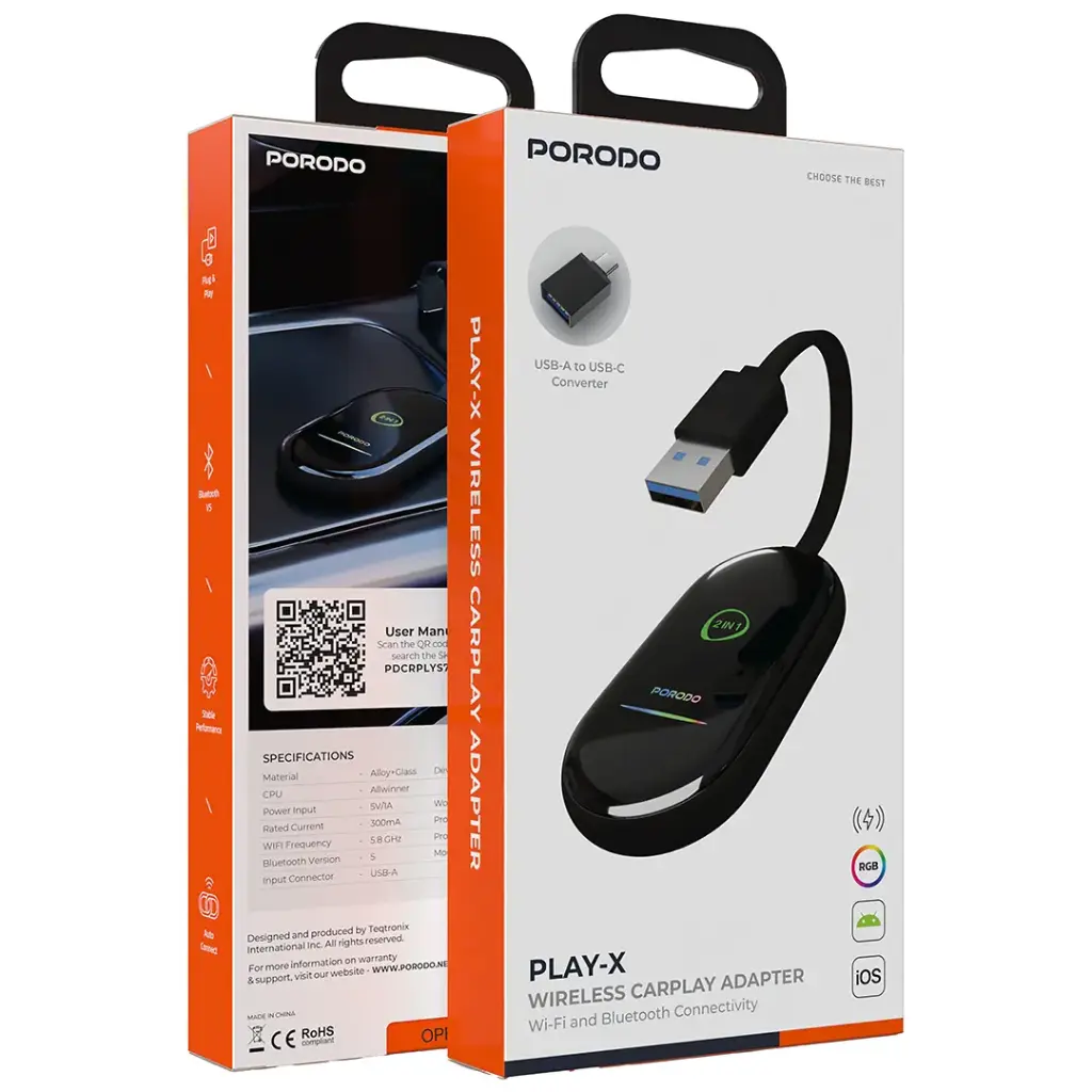 Porodo Play-X Wireless Carplay Adapter with Wi-Fi and Bluetooth Connectivity