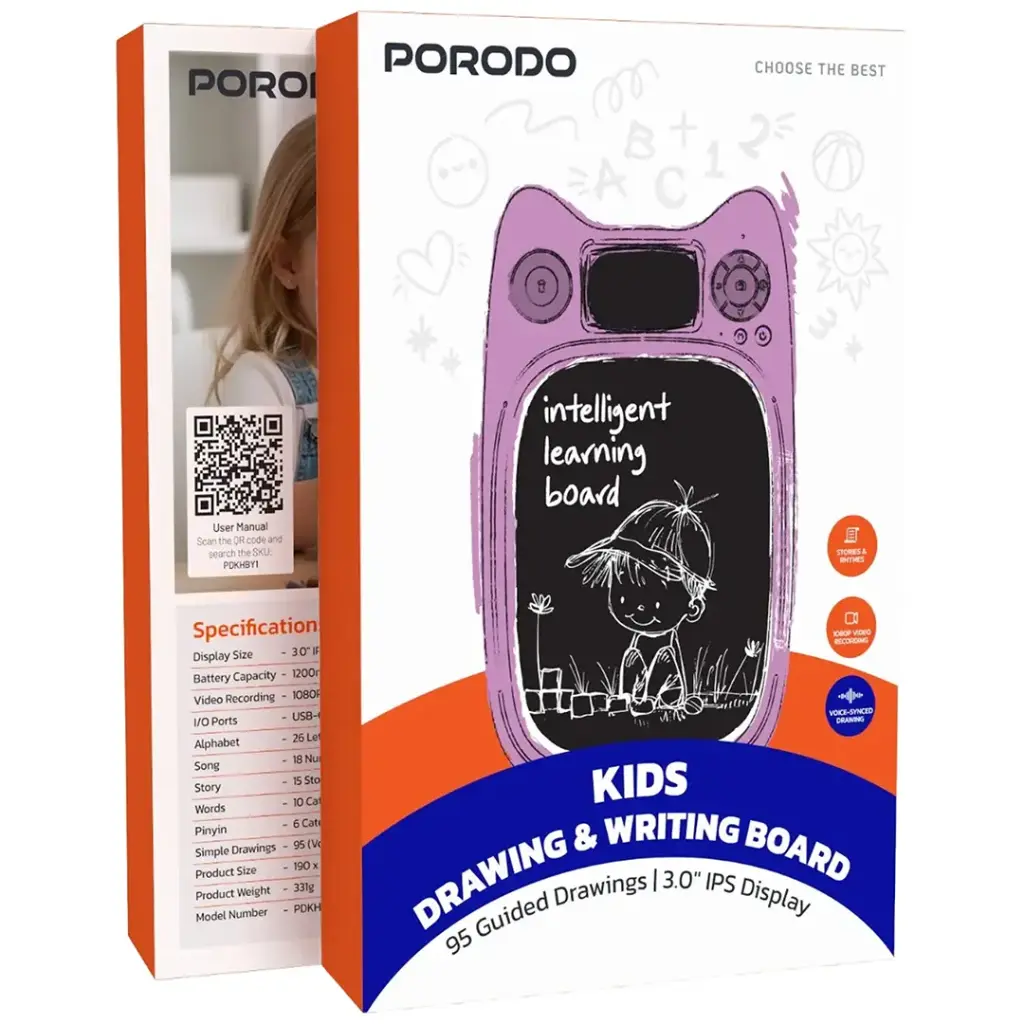 Porodo Kids Drawing & Writing Board 95 Guided Drawings | 3.0" IPS Display