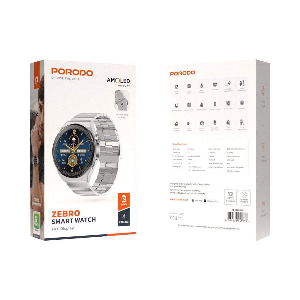 Porodo Zebro Smart Watch Silver dial + Grey Silicon Strap & Silver Metal strap