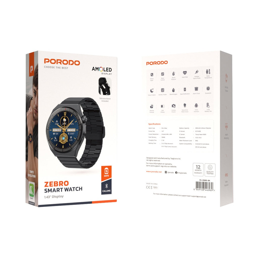 Porodo Zebro Smart Watch Black dial + Black Silicon Strap & Metal strapp