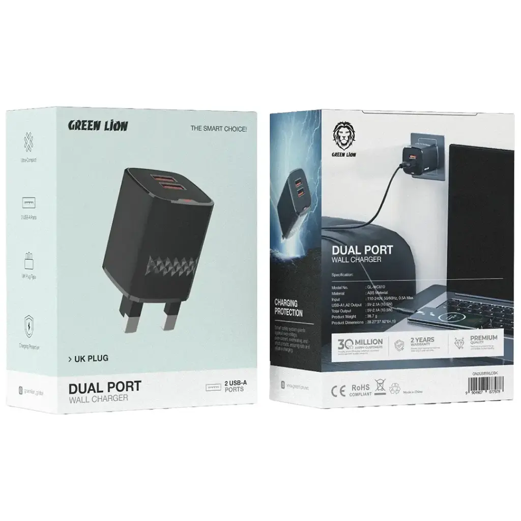 Green Lion Dual Port Wall Charger UK Plug 2 USB-A Port
