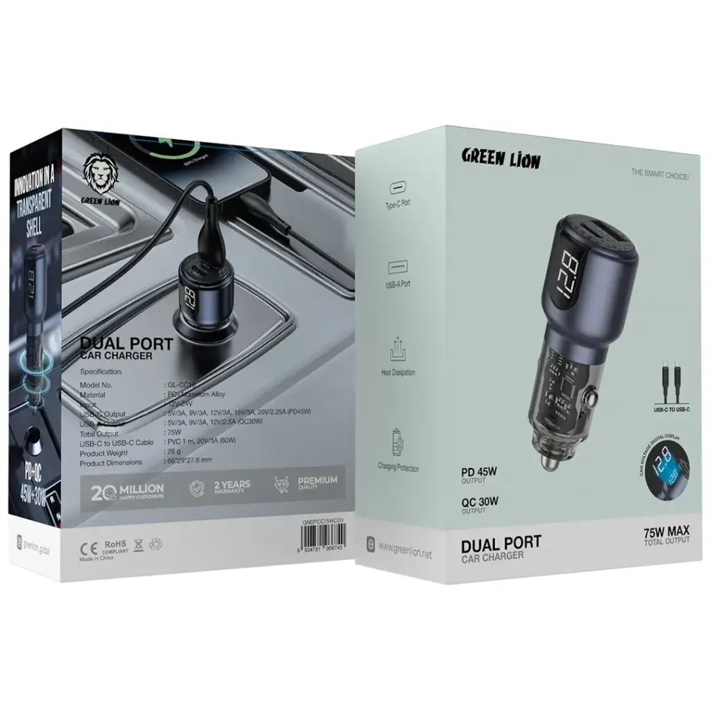 Green Lion Dual Port Car Charger PD+QC 75W C to C 1m Cable