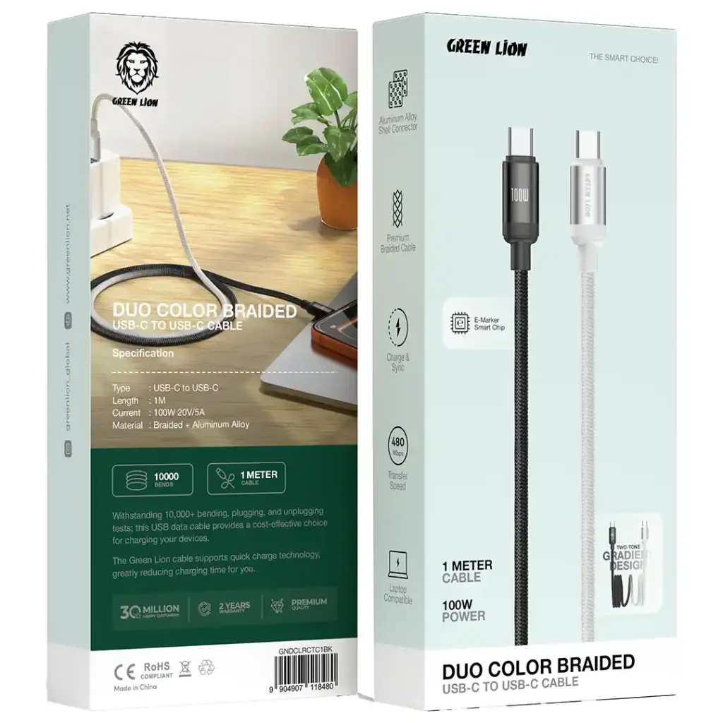 Green Lion 100W DUO COLOR BRAIDED USB-C TO USB-C CABLE 1M