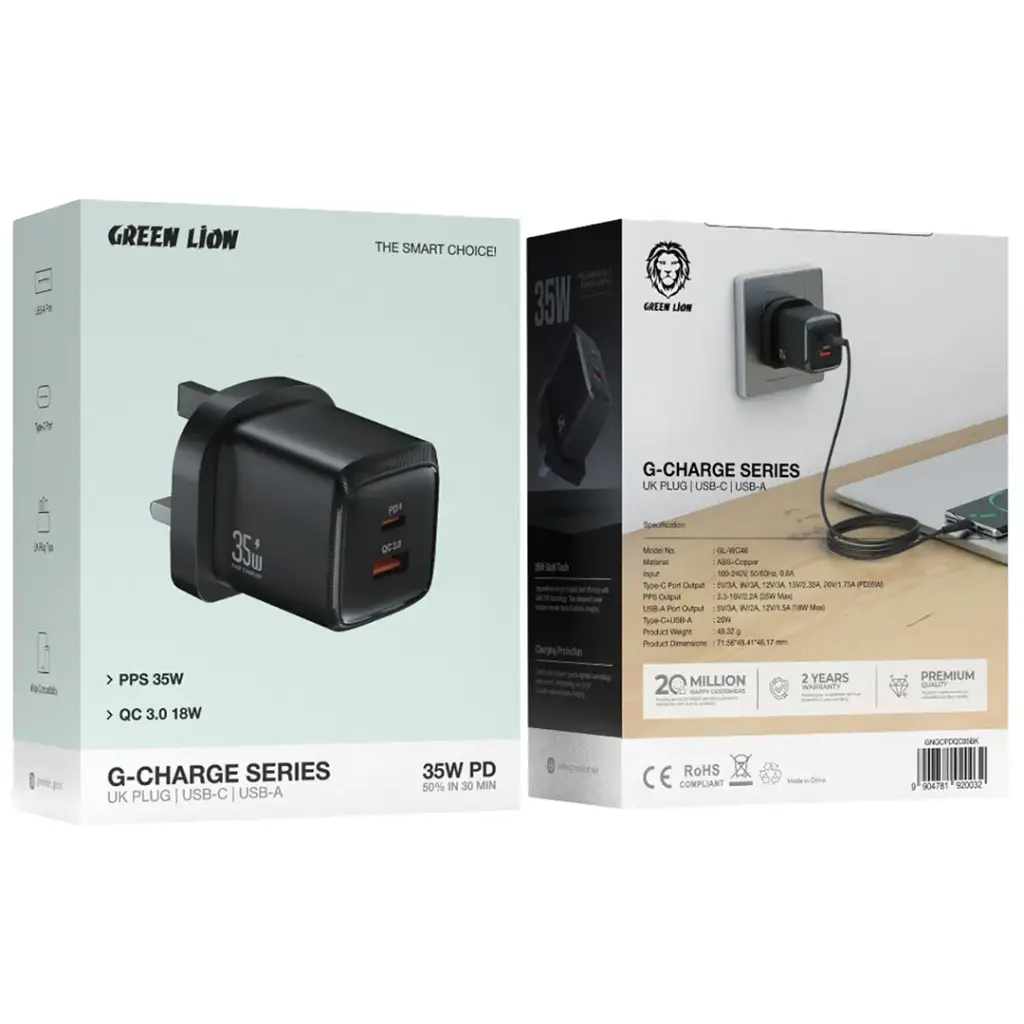 Green Lion G-Charge Series Dual Port Wall Charger PD+QC 35W