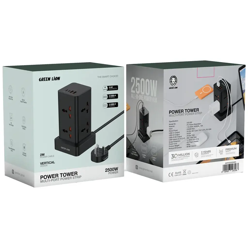 Green Lion Power Tower Multi-Port Power Strip 2500W 2M Cable