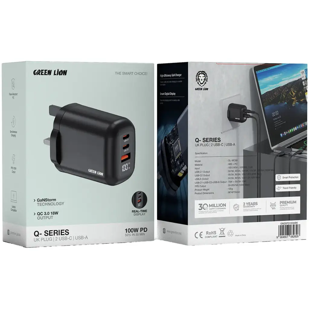 Green Lion Q- SERIES UK Plug Wall Charger PD 100W A+C+C Port