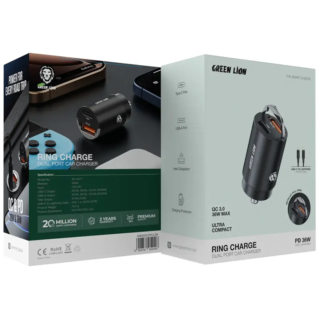 Green Lion Ring Charge Dual Port Car Charger PD 36W C to L 1m Cable