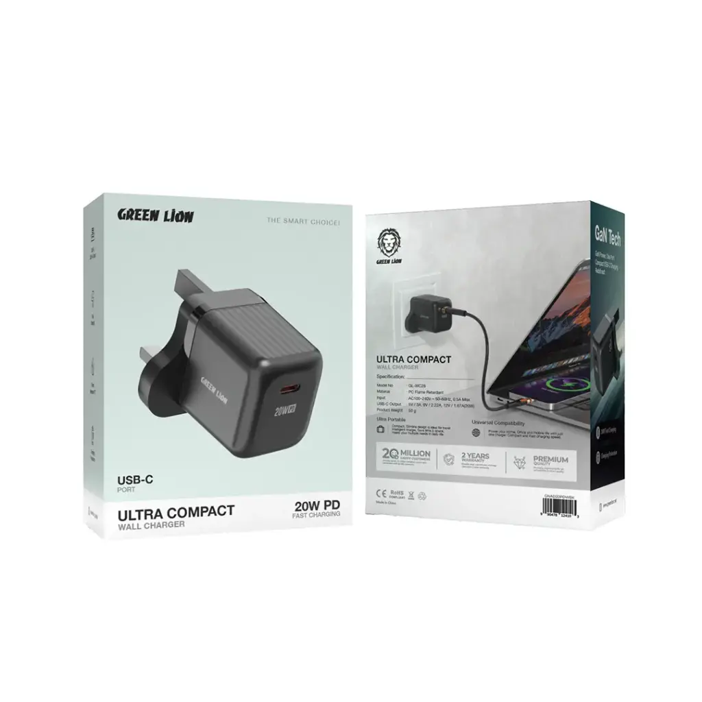 Green Lion Ultra Compact GaN Wall Charger UK Pin USB-C PD 20W