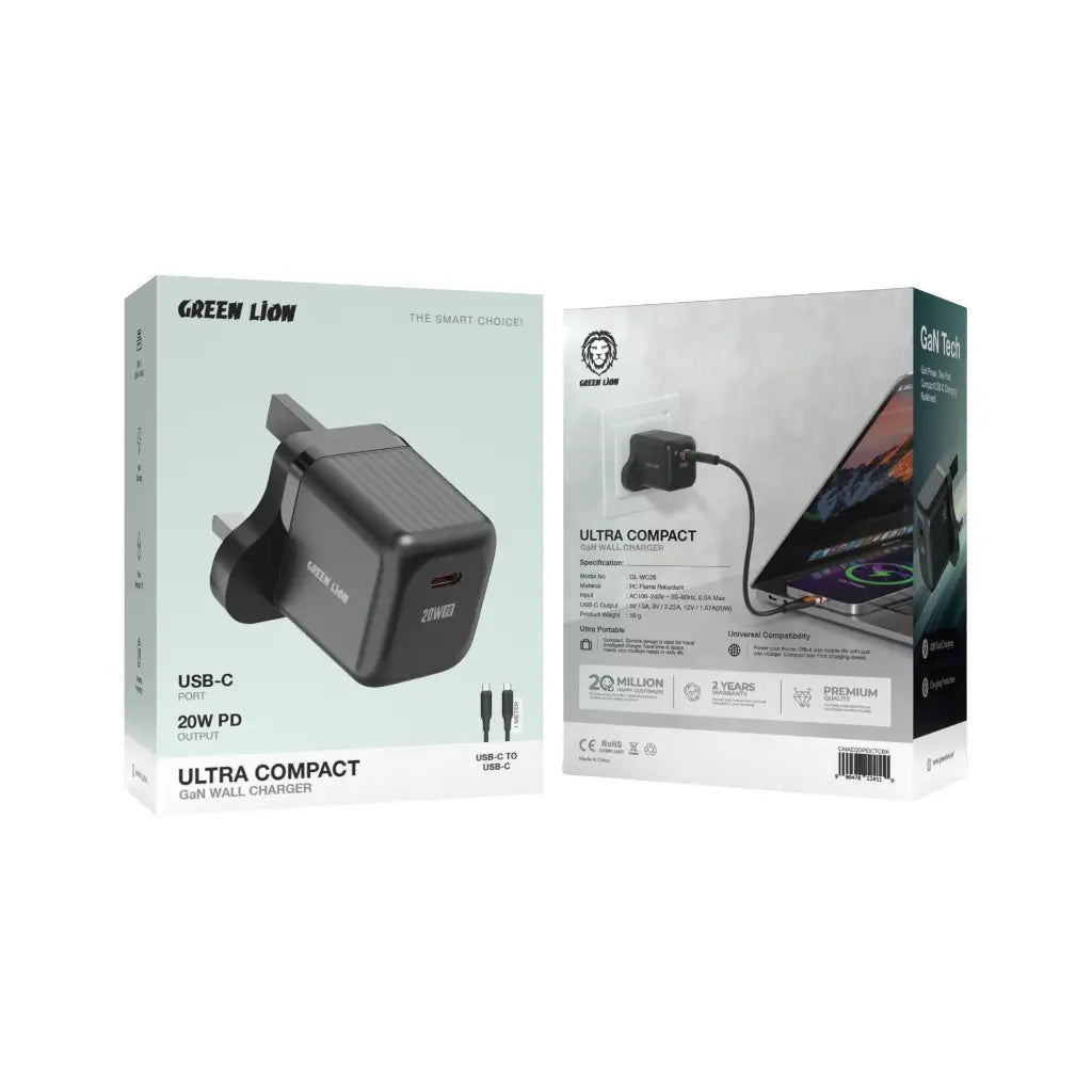 Green Lion Ultra Compact GaN Wall Charger UK Pin USB-C PD 20W C to C