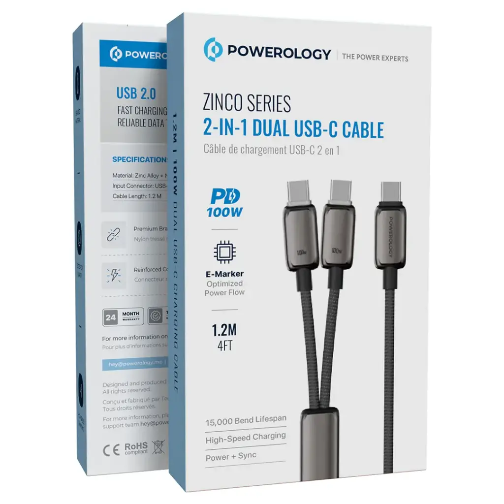 Powerology Zinco Series 2-IN-1 Dual USB-C Cable