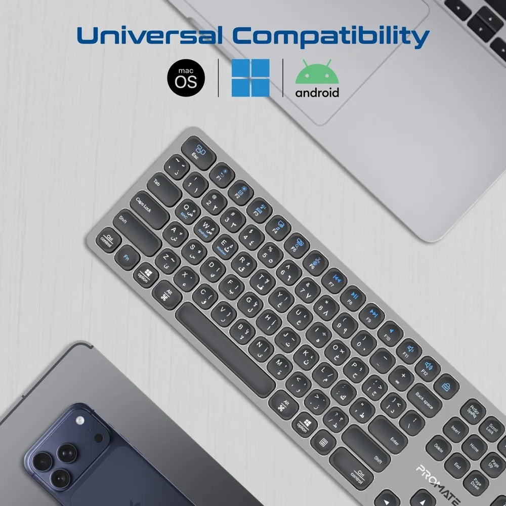 Promate Full-Size Slim Wireless Keyboard With Scissor Keys, Multi-Device Bluetooth 5.1 & 2.4GHz, USB-C Rechargeable, 100-Hour Battery, Compatible With Windows, Mac & Android | ProKeys-X2.EN\AR |