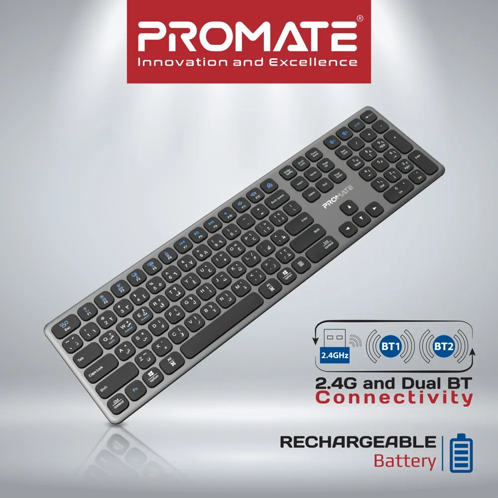 Promate Full-Size Slim Wireless Keyboard With Scissor Keys, Multi-Device Bluetooth 5.1 & 2.4GHz, USB-C Rechargeable, 100-Hour Battery, Compatible With Windows, Mac & Android | ProKeys-X2.EN\AR |