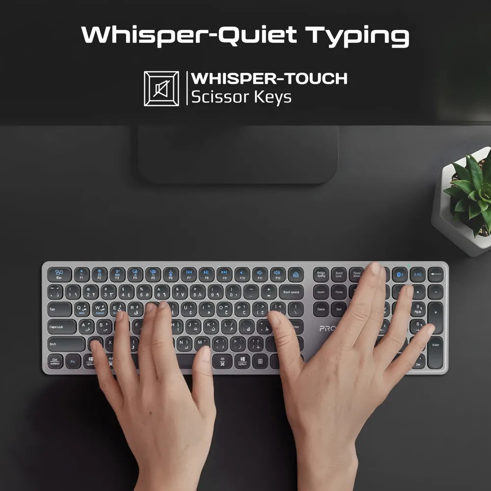 Promate Full-Size Slim Wireless Keyboard With Scissor Keys, Multi-Device Bluetooth 5.1 & 2.4GHz, USB-C Rechargeable, 100-Hour Battery, Compatible With Windows, Mac & Android | ProKeys-X2.EN\AR |