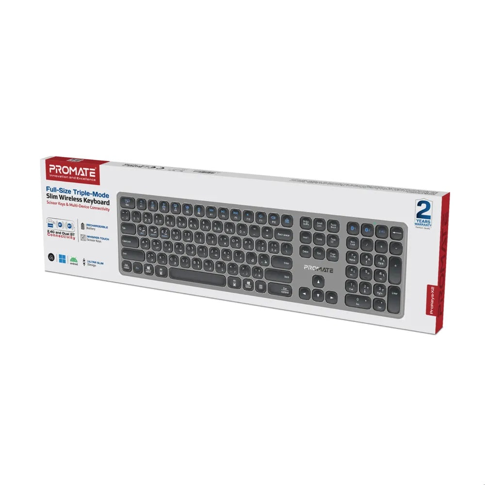 Promate Full-Size Slim Wireless Keyboard With Scissor Keys, Multi-Device Bluetooth 5.1 & 2.4GHz, USB-C Rechargeable, 100-Hour Battery, Compatible With Windows, Mac & Android | ProKeys-X2.EN\AR |