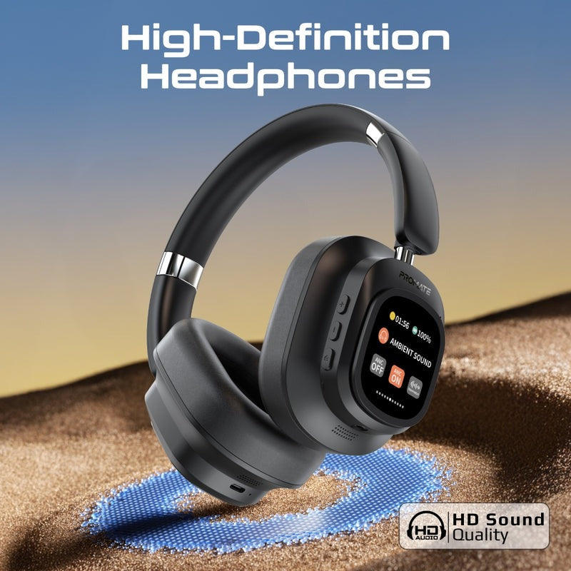 Promate High Fidelity Hybrid ANC Over Ear Stereo Wireless Headphones With Detachable Magnetic LCD Touch Screen Controller |VuTune|