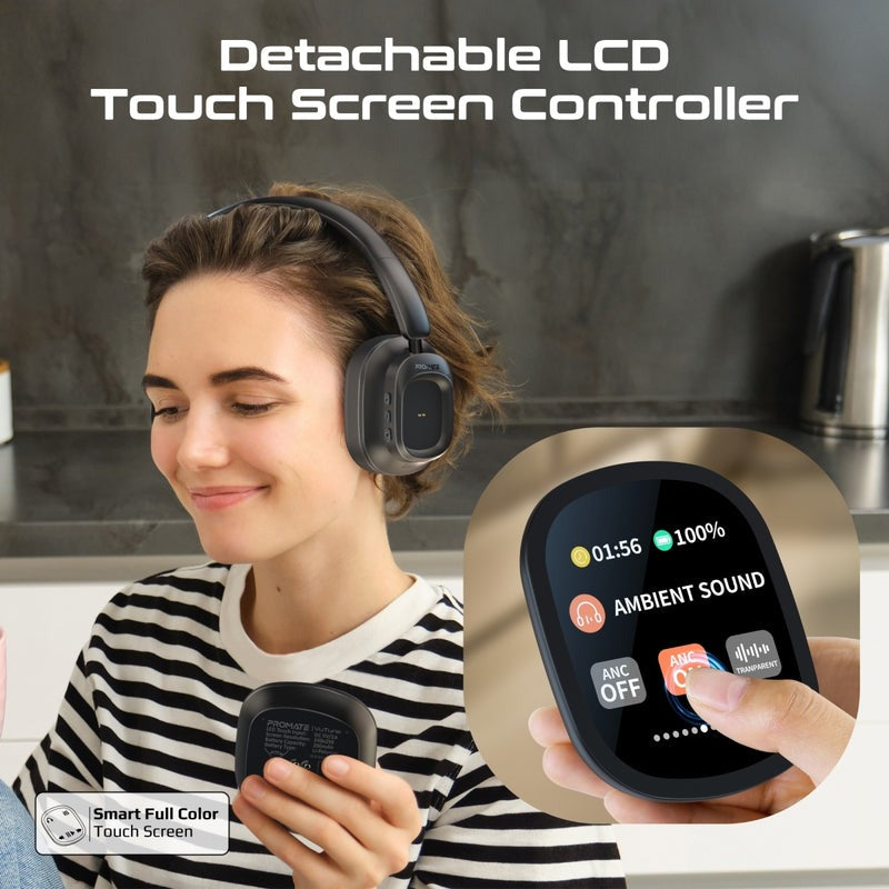 Promate High Fidelity Hybrid ANC Over Ear Stereo Wireless Headphones With Detachable Magnetic LCD Touch Screen Controller |VuTune|