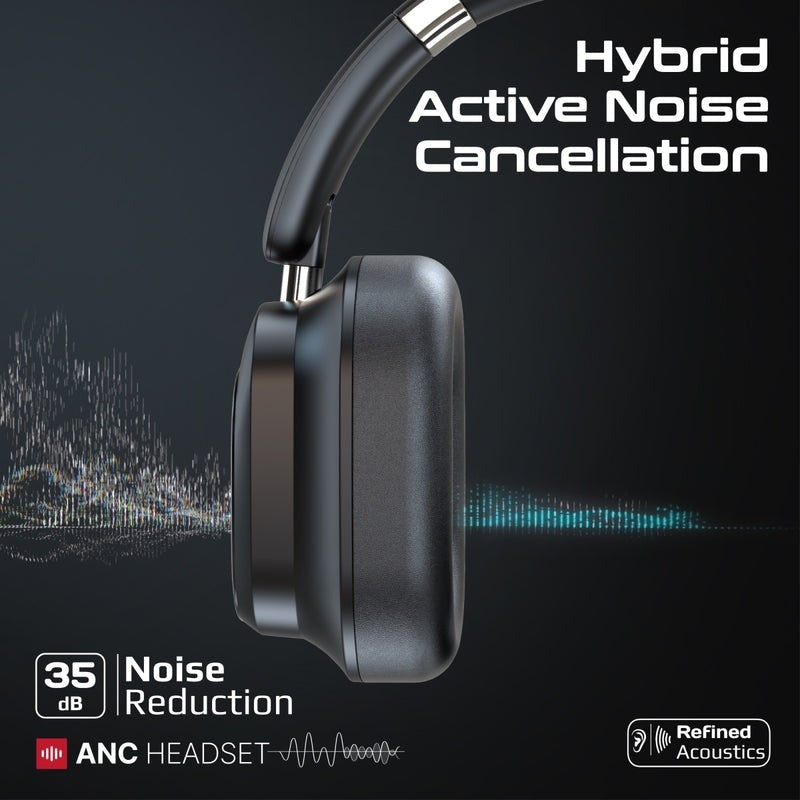 Promate High Fidelity Hybrid ANC Over Ear Stereo Wireless Headphones With Detachable Magnetic LCD Touch Screen Controller |VuTune|