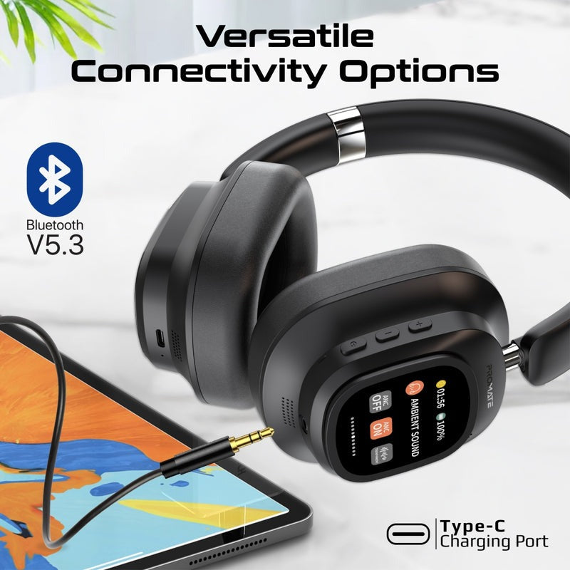 Promate High Fidelity Hybrid ANC Over Ear Stereo Wireless Headphones With Detachable Magnetic LCD Touch Screen Controller |VuTune|